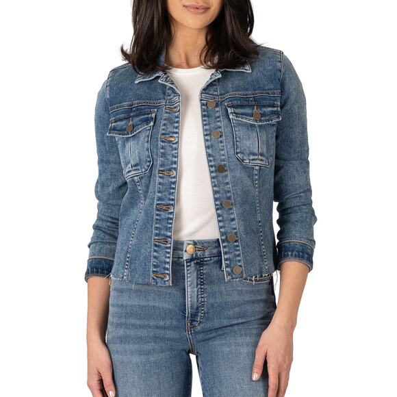 Kut From The Kloth Women's Medium Blue Dearly Kara Raw Hem Denim Jacket K26-7 - Picture 1 of 8